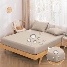 Vallein Full Waterproof Fitted Sheet, Waterproof Sides, Adult Bedwetting, Elderly/Nursery, Pets, Mite-resistant, Machine Washable, Double, Khaki, 55.1 x 78.7 inches (140 x 200 cm)