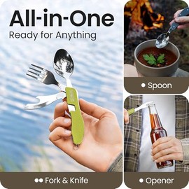 Orblue Juego de cubiertos para acampar 4 en 1, paquete de 2 - Juego de cuchara, tenedor, cuchillo y abridor de botellas portátil - Cubiertos de acero 