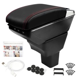 GSTP Center Console Armrest Compatible with Nissan Kicks 2016 2017 2018 2019 2020 2021 with 7 USB Port Cup Holder Double Layer Organizer Storage Box (Black with Red Line)