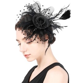 EDSPORT Tea Party Hat with Gloves Fascinators for Women, 3PCS Elegant Headband Kentucky Derby Hats Hair Clip for Wedding Cocktail Church Costume Events, Black