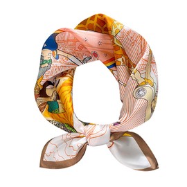 FEIBOON Mulberry Silk Scarfs Neck Scarf 21"x21" Small Square Scarfs hair scarf bandana for Women Gift Packed (Orange white+coffee edge)