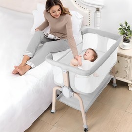 Cowiewie Bassinet Bedside Sleeper, Breathable Baby Bedside Bassinet and Mattress, Lightweight and Portable for Bedside Sleeping, Light Grey
