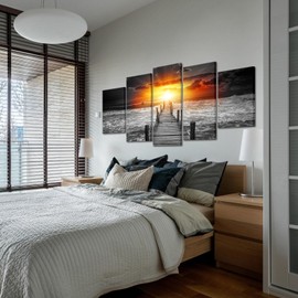 Artsbay 5 Pieces Large Beach Canvas Wall Art Black and White Pier Sunset Seascape Ocean Photos Paintings Beach Wall Decor for Bathroom Living Room