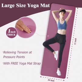 Yoga Mat 1-Inch Extra Thick High-Density Exercise Mat with Non-Slip Surface & Carry Strap for Men & Women Tear-Resistant Pilates Workout Mat for Home Gym, Floor Fitness, Deep Wine
