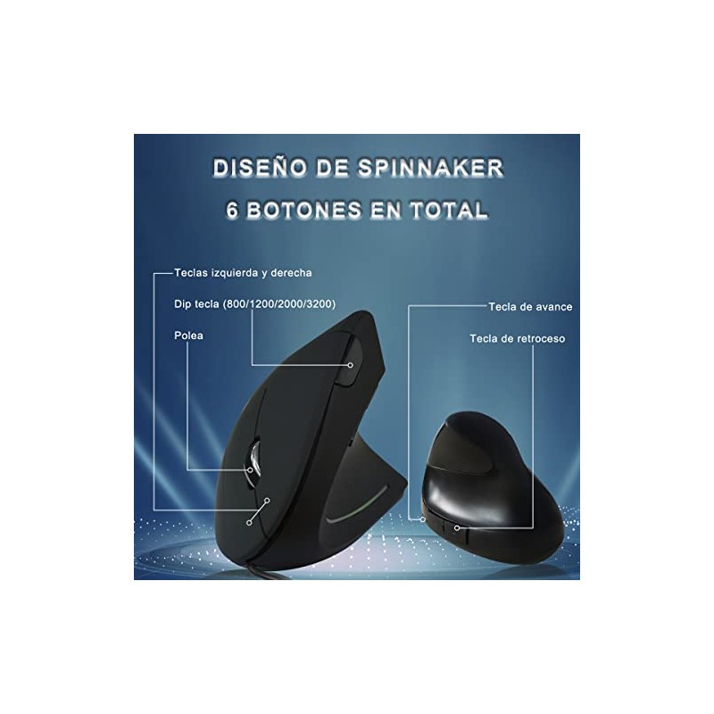 MOYAC Mouse Ergonómico Alarmbrico con 6 Botones, Mouse RGB Silencioso