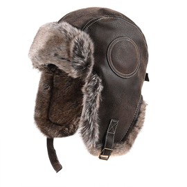 TINAYAUE PU Leather Winter Pilot Cap for Men Women Faux Fur Russian Ushanka Trapper Hat with Earflaps Thickened Warm Hat Outdoor Windproof Skiing Cycling Hat for Cold Weather Beanie Hat Brown