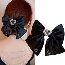 CIVFCRT Valentine’s Day Large Bow Hair Clips for Girls Valentine's Days Pinchcock Glitter Heart Rhinestone Styling Bow Hair Barrettes Wedding Hair Accessories for Women Girls Thin Hair 1Pcs Black