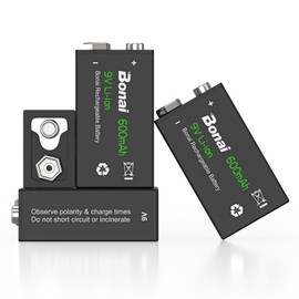 BONAI Rechargeable 9V Batteries 600mAh High Capacity, (4 Pack) 9 Volt Lithium Batteries for Smoke Alarms Metal Detector etc - Long-Lasting & Economical