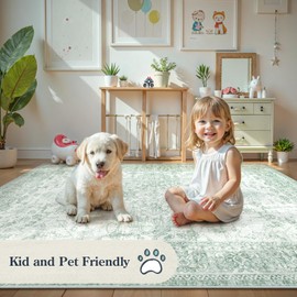 Lahome Sage Green Washable Rugs 5x7, Soft 5x7 Area Rugs for Living Room Bedroom, Vintage Non Slip Ultra-Thin Stain Resistance Large Throw Carpet for Nursery Dining Room Home Office, Green