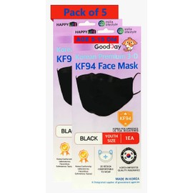 (Pack of 5) Premium 3D Disposable Black Kids KF94_ Face Mask, Youth Mask, Age 5-15 Old, 4-Layer Filters, kf94 Masks Black, Good Day, Nose Covering Dust Mask, Individual Packs, Made in Korea. (5)