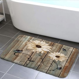 Rustic White Floral Bath Rug, Flower and Butterflies on Old Wooden Board Farmhouse Non Slip Bath Mats, Barn Wood Vintage Daisy Bath Rug Sets for Bathroom Bedroom Kitchen Outdoor Indoor,17x29 Inch…