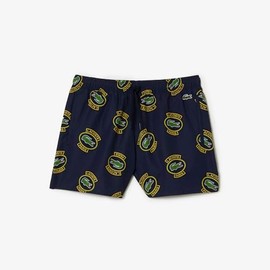 Lacoste Men's Plaid Swim Short W/Adjustable Waist, Navy Blue/Gold, S