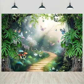 7x5ft Spring Enchanted Forest Backdrop Fairy Tale Wonderland Colorful Butterfly Green Leaves Photography Background Kids Girl Birthday Party Decorations Portraits Banner Photo Studio Props