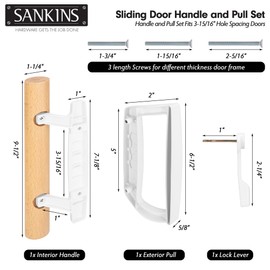 SANKINS Sliding Patio Door Handle Set with Latch Lock, Replacement for Sliding Glass Door, Oak Wood Flush Handle and Exterior Pull, Die-cast Finish, Fits 3-15/16” Screw Hole Spacing, Non-Keyed, White