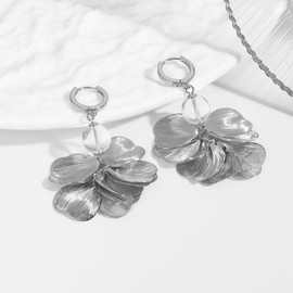 WASAIE Flower Layered Floral Leaf Drop Dangle Earring for Women,Metal Silver Lightweight Flower Bead White Gold Petal Jewelry Earrings for Women Brides Party Prom Wedding