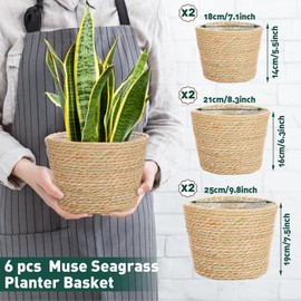 6 Pcs Seagrass Planter Basket Flower Pots Cover Plant Baskets Hand Woven Plant Basket Storage Plant Containers with Plastic Liners for Indoor Outdoor Flower Pots Decoration 10, 7, 8.3 Inch (Classic)