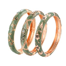 UJOY Womens Multi-Colors Cloisonne Bracelet Gold Plated Flower Enameled Hinged Cuff Bangles Jewelry Gift 55A-3PCS Green