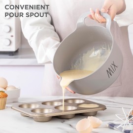 Rae Dunn Non-Slip Mixing Bowls - 4 Piece Nesting Plastic Mixing Bowl Set with Pour Spouts and Handles-Measurement Markings (Grey)