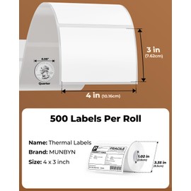MUNBYN 4” X 3” Direct Thermal Labels, White Thermal Printer Stickers, Strong Adhesive, Labels Paper for Mailing, Barcode, 500 Sheets/1 Roll