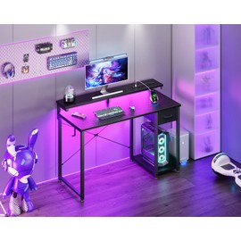 AODK Gaming Desk with LED Lights & Power Outlet, 40 Inch Computer Desk with Drawer, Reversible Small Desk with Monitor Stand & Headphone Hook for Home Office, Black