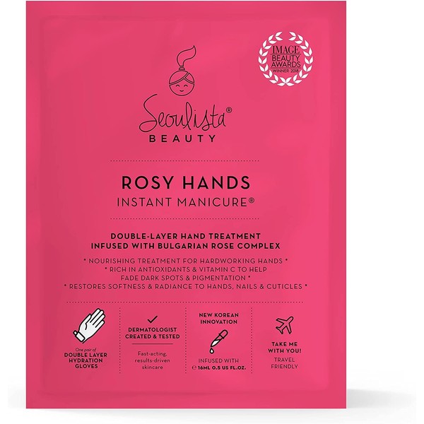 Seoulista Beauty Rosy Hands Instant Manicure – At Home Hand Mask Treatment – Soothe and Hydrate Dry Skin, Nails, Cuticles —Anti-Ageing With Vitamin C, Beeswax — Fade Dark Spots — Award-Winning
