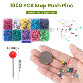 1000 Pcs Map Pins, Push Pins for Bulletin Board 1/8 Inch, Map Pins for Travel Map 10 Colors, Plastic Head Stainless Steel Map Tacks for Cork Board, World Map Pin Board, Office Supplies