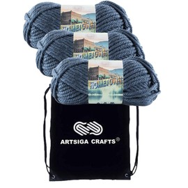 Lion Brand Hometown Washington Denim 135-108 (3-Skeins - Same Dye Lot) #6 S Bulky Acrylic Yarn for Crocheting and Knitting with Project Bag