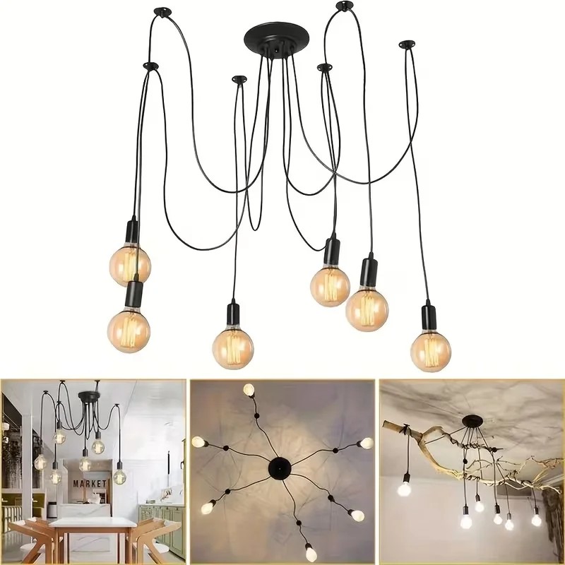 Stock 6-Light Spider Adjustable Pendant Light Black Industrial Hanging Ceiling