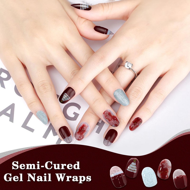 XEAOHESY 1 Sheet 24pcs Christmas Semi Cured Gel Nail Strips,