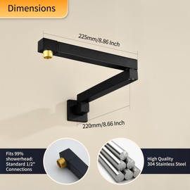 18.5 Inches Straight Extended Pivoting Shower Arm With Flange, Rain Shower Head Extension Arm, Square 360°Swiveling Foldable Shower Arm, Wall-Mounted Matte Black Stainless Steel ﻿