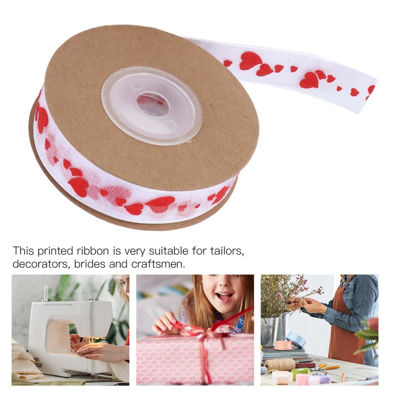 2pcs Red Ribbon 1.5cm/0.6in Wide Heart Pattern Packaging Ribbons DIY