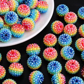 AUREHEN 30PCs 20MM Chunky Resin Rhinestone Beads Round Disco Ball Beads Bubblegum Beads for Women Girls Necklace Bracelet Jewelry Making Phone Lanyard Hair Accessories DIY Crafts (Rainbow Color)