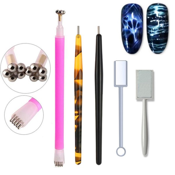 WOKOTO 5Pcs Nail Magnet Tool Set With Double Head Flower Design Nail Magnet Pens And Strong Magnet Stick For Cat Eye Gel Polish Nail Art (MJB076)