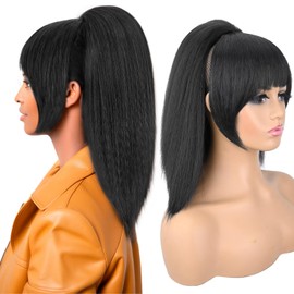 Rafabcici Ponytail Extension with Bangs for Black Women Yaki Straight Drawstring Ponytail with Bangs for Women Synthetic Hairpieces 16 inch Clip in Ponytail Extension for Daily Use(Natural Black)