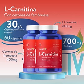 L Carnitina con Cetonas de Frambuesa con 60 capsulas de 700mg  2 meses de rendimiento  100 Natural, Vegano y Sin gluten  Pack 2 frascos con 30...     
