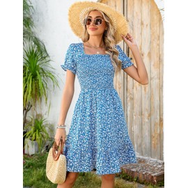 Lyrur Spring Easter Dress for Women Square Neck Puff Sleeve Tiered Floral Cute Milk Maid Dresses with Pockets (L,7036 Blue Foral