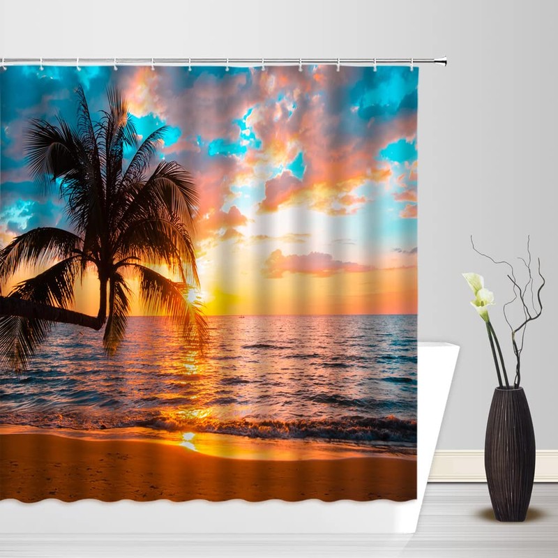 ZKJSMGS Ocean Beach Shower Curtain Plam Tree Sunset Sea Wave
