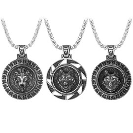 OIDEA Men's Necklace with Thor's Hammer Wolf Head Lion Head Pendant, Heavy Viking Jewellery with Byzantine Chain, Gothic Necklace, Gold/Silver/Black, Stainless Steel