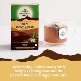 ORGANIC INDIA Organic India Tulsi Lemon & Ginger Tea, Caffeine-Free Herbal Tea, Certified Organic & Natural Ingredients, 18 Tea Bags