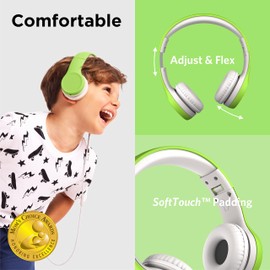 LilGadgets Connect+ Wired Kids Headphones for School with Mic, Foldable, Volume Limiting & Noise Reduction, On-Ear Headset with Cord, SharePort Technology & SoftTouch Padding, Green