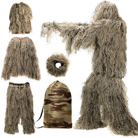 MOPHOTO 5 in 1 Ghillie Suit, 3D Camouflage Hunting Apparel Including Jacket, Pants, Hood, Carry Bag Suitable for Unisex Adults/Youth (M/L/XL/XXL)