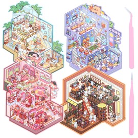 YOTOY Gifts for 3 4 5 6 7 8 9 10 Year Old Kids Girls: 3D Sticker Scene 4 Sets DIY 3D House Stickers Toys for 3+ Year Old Girl Adults Presents Age 2 Toddlers Cute Sticky Crafts Activities Travel Toy