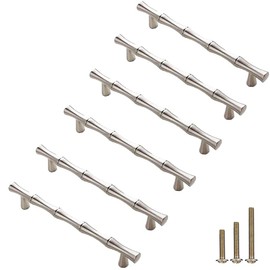 ESreake 6Pcs Bamboo Shape Solid Zinc Alloy Cabinet Knobs Handle pulls, Dresser Drawer Cabinet Cupboard Closet Door Pull Decorative Furniture Accessories Knobs (Length 6.1"/Hole Distance 5", Silver)