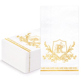 WRAPAHOLIC 50Pcs Letter R Napkins - 3-Ply Disposable Paper Guest Napkin, Gold Foil Letter R with Shield and Floral - 4.3 x 7.9 In
