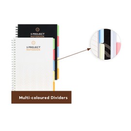 VABE UK A4 Project Notebook - 5 Dividers - 200 Pages (100 sheets) - 100gsm White Ruled Paper - Thick Matte Laminated Cover. (Black)