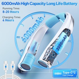 BOTDOYS Hands-Free Portable Neck Fan - 6000mAh High Capacity Battery, USB Dual Port Fast Charging, Ultra-Quiet 6 Speeds Cooling Air, 360° Airflow for Outdoor, Indoor, Office, Travel - Blue