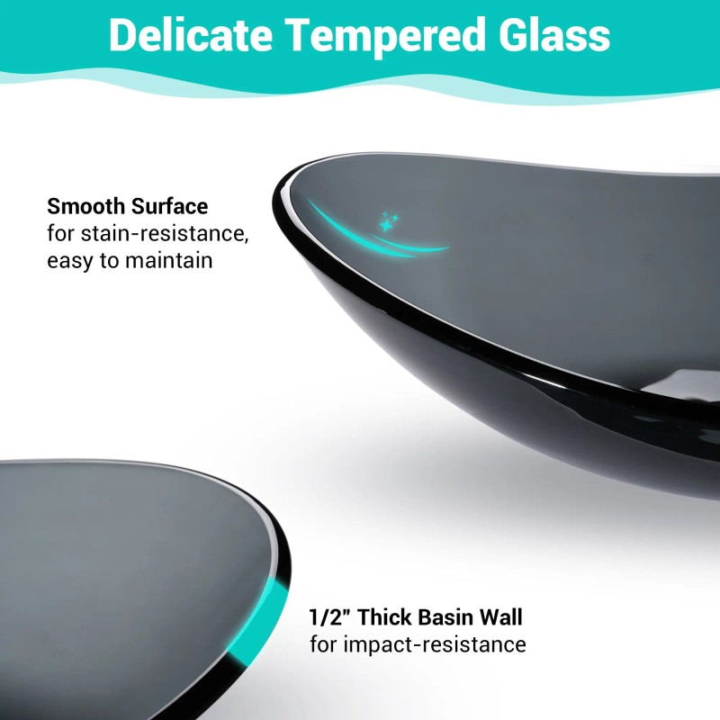 Dark Gray Glass Bowl Sink Oval Glossy Above Counter Bathroom