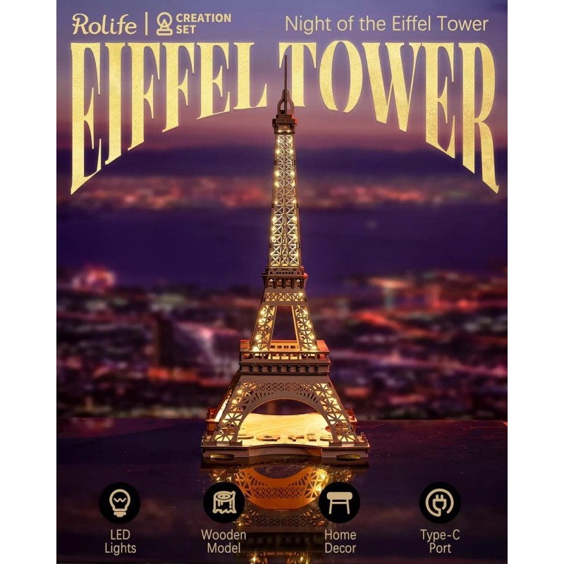 Rolife Eiffel Tower 3D Wooden Puzzle LED DIY Model Building