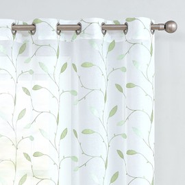 Lazzzy Sheer Curtains 63 Inches Length Floral Leaf Embroidered White Sheer Curtain for Bedroom Living Room Kitchen Farmhouse Voile Drapes Privacy Window Treatment Set of 2 Panels Green on White