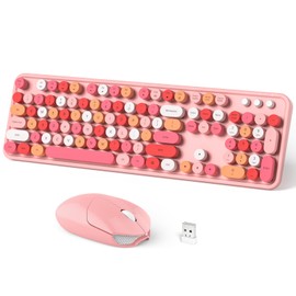 Dilter Wireless Keyboard and Mouse Combo, 104 Keys Full-Sized 2.4 GHz Round Keycap Colorful Keyboards, USB Receiver Plug and Play, for Windows, PC, Laptop, Desktop (Pink)